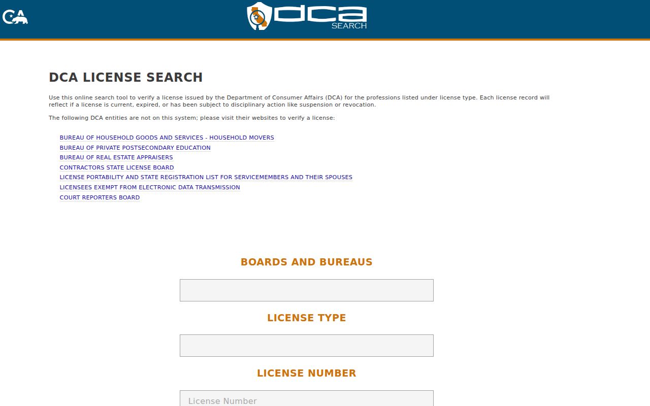 Salinas public records access through California DCA license search
