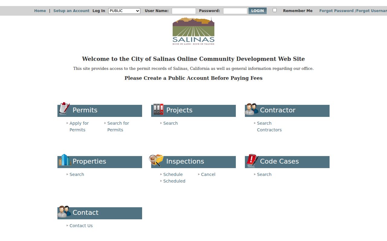 Salinas public records portal for permits projects and code cases